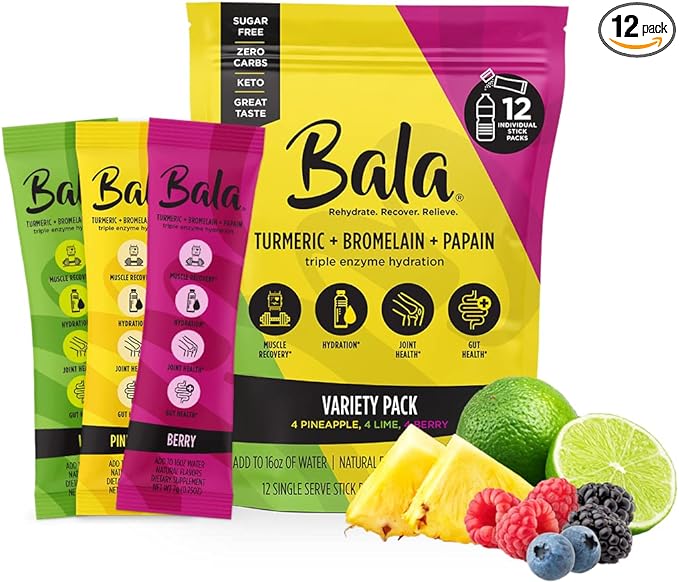 BALA Hydration Turmeric Drink Mix Packet | Sugar-Free Electrolyte Powder, Muscle Recovery, Immune Support, Joint Relief | Plant-Based Enzymes, Bromelain - Variety 1 Count(Pack of 12)