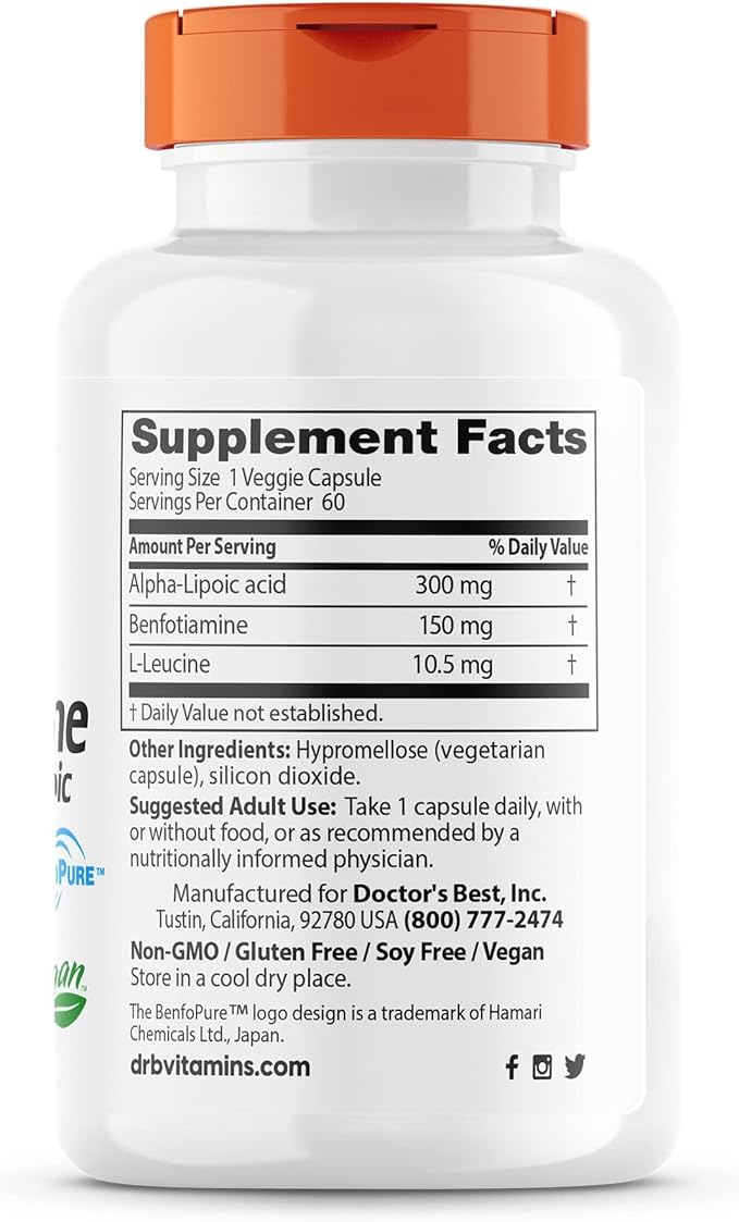 Doctor's Best Benfotiamine 150 + Alpha-Lipoic Acid 300, Non-GMO, Vegan, Gluten Free, Promotes Healthy Blood Sugar, 60 Veggie Caps
