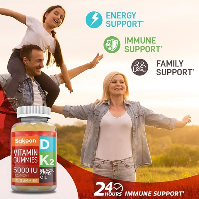 Sakoon nutrition 5000 IU Vitamin D3 K2 Vitamin Supplement with Black Seed Oil for Bone, Teeth, Muscle, and Immune Defense Support, Non-GMO and Gluten Free, 60 Gummy Chewables