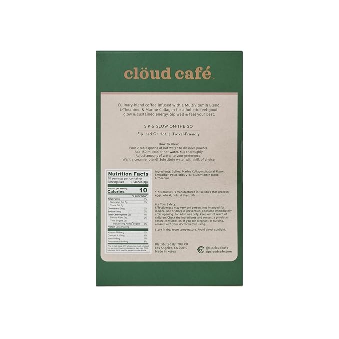 Clöud Café Collagen Infused Cold Brew Instant Coffee Packets - Hyaluronic Acid, Multivitamin Powder, & Marine Collagen Single Serve Instant Coffee Powder (10 Sachets)