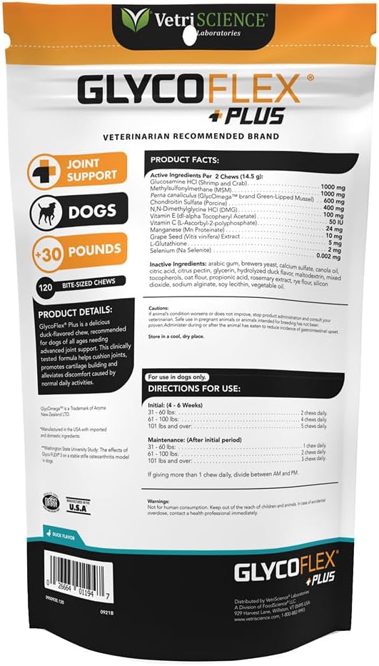 VetriScience GlycoFlex Plus Hip and Joint Supplement for Dogs – Extra-Strength Joint Support Chews with Green Lipped Mussel, Chondroitin, and Glucosamine for Dogs