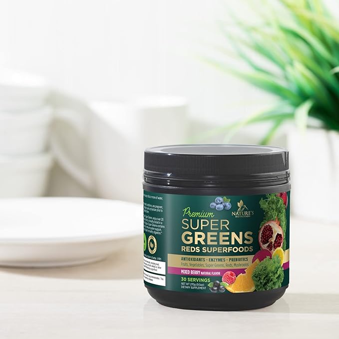 Super Greens Superfood Powder Drink Mix - Green Whole Food Blend for Energy & Gut Health with Spirulina, Chlorella, Mushrooms, Vegetables, Digestive Enzymes Antioxidant & Probiotics - 30 Servings