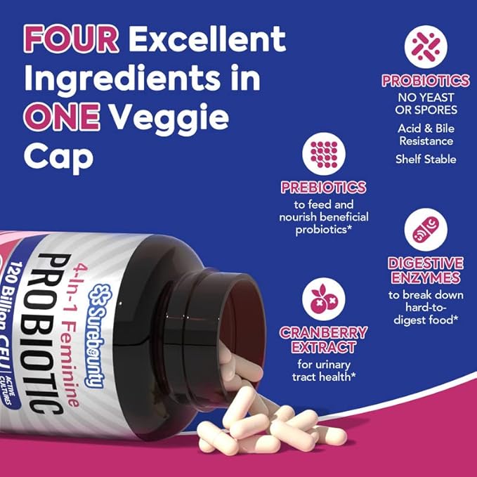 Probiotics for Women, 120 Billion CFU 34 Strains, Prebiotics, Digestive Enzymes, Cranberry, 4-in-1 Feminine Probiotic, Digestive, Vaginal, Immune Support, 30ct