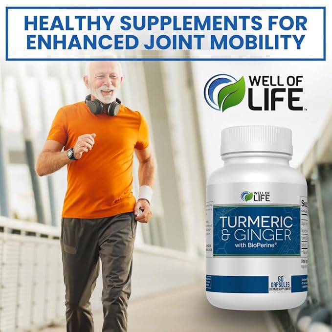 Well of Life: Turmeric & Ginger with BioPerine®: Joint Support - 655mg | 60 Veg Capsules. Helps Immune Function, Digestive Health, and Overall Wellness. Made in USA.