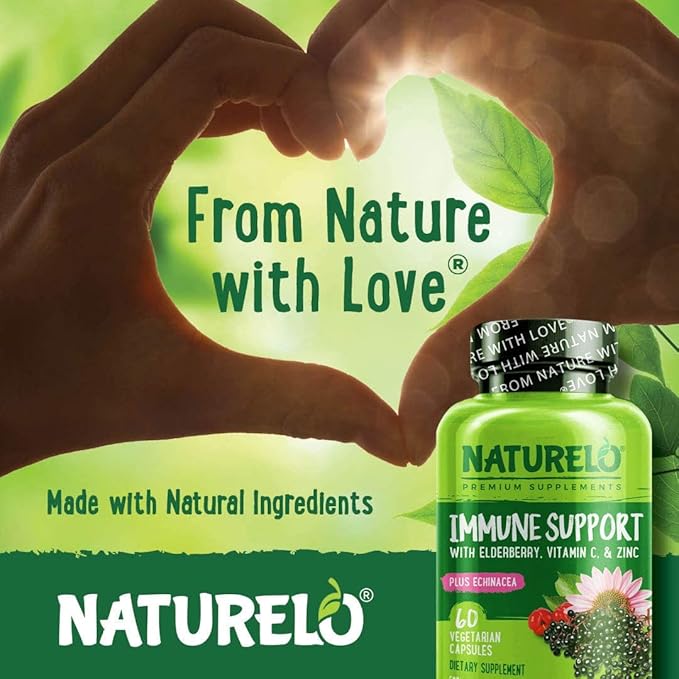 NATURELO Immune Support – Vitamin C, Elderberry, Zinc, Echinacea – Natural Immunity Boost w/Antioxidant, Herbal & Mineral Defense - 60 Vegan Capsules