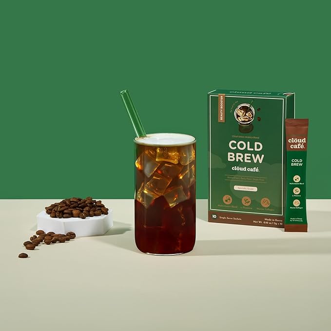 Clöud Café Collagen Infused Cold Brew Instant Coffee Packets - Hyaluronic Acid, Multivitamin Powder, & Marine Collagen Single Serve Instant Coffee Powder (10 Sachets)