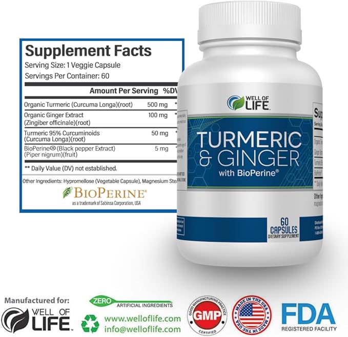 Well of Life: Turmeric & Ginger with BioPerine®: Joint Support - 655mg | 60 Veg Capsules. Helps Immune Function, Digestive Health, and Overall Wellness. Made in USA.
