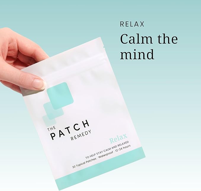 The Patch Remedy Relax Patches - 30 Topical Stress Relief Patches with Ashwagandha, L-theanine, Lemon Balm, Valerian, Passionflower, Vitamin B6, Rhodiola Rosea | Calming, Relieving, Relaxing