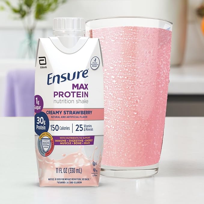 Ensure Max Protein Creamy Strawberry Nutrition Shake | 30g Protein, 1g Sugar, 4g Fiber Blend | 12 Pack