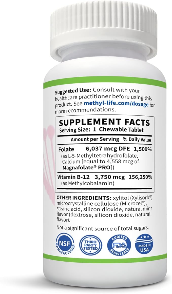 B-Methylated II, Pure Pharmaceutical Grade Professional Strength Active Folate and B12 (as Methylcobalamin, 3.75 mg) - 3 Months Supply. Chewables