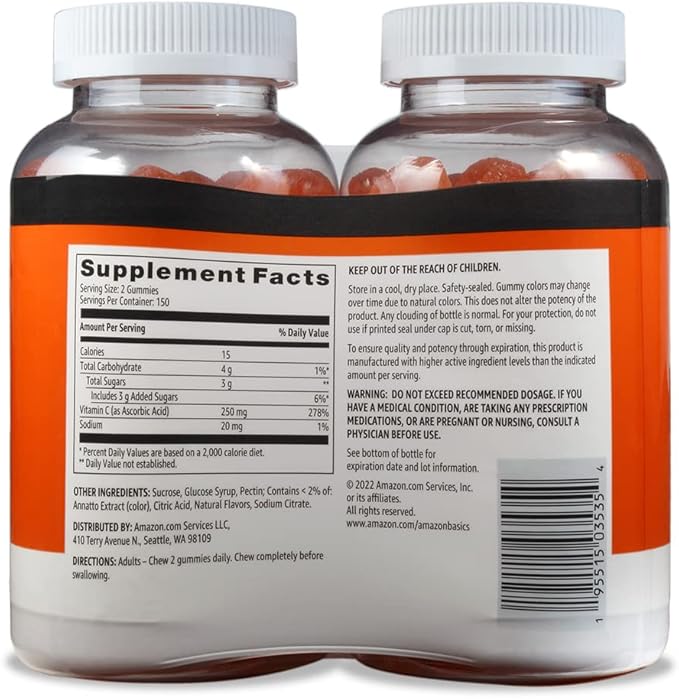 Amazon Basics Vitamin C 250 mg Gummies, Orange, 300 Count (2 Packs of 150), 2 per Serving (Previously Solimo)