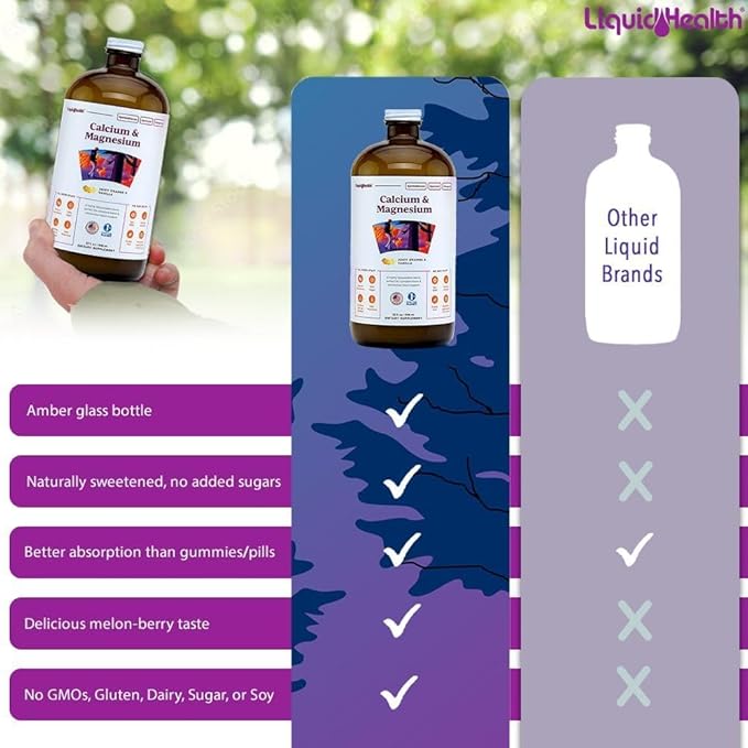 LIQUIDHEALTH Calcium & Magnesium Adult Liquid Vitamin Supplement - Bone, Joint, Muscle, Connective Tissue Support, Heart Health, Essential Nutrients - Great Taste, Vegan, Non GMO, Sugar-Free (3 Pack)