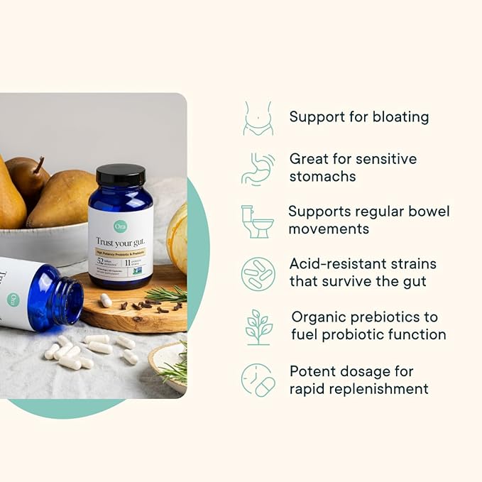 Ora Organic Probiotics with Prebiotics - 52 Billion CFU 11 Clinically Studied Strains for Digestive Health, Trust Your Gut, Gluten Free, 60 Capsules