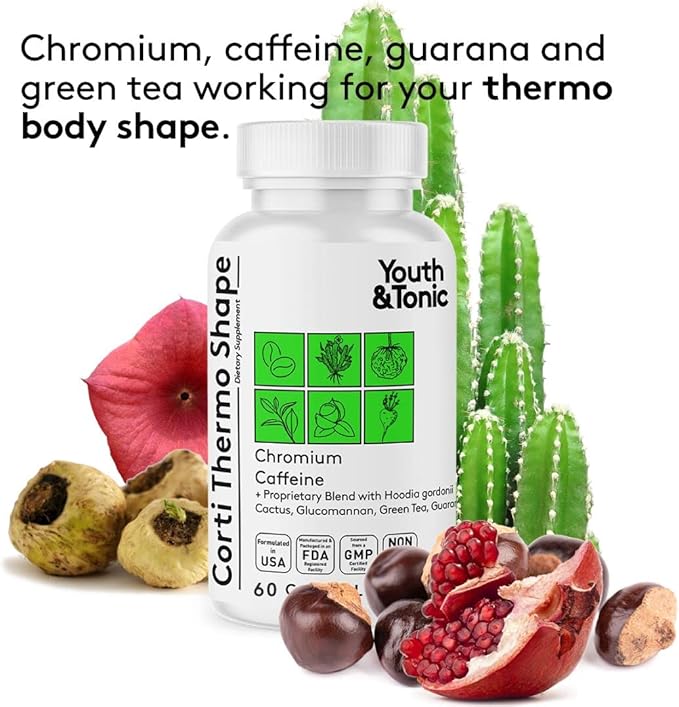 Youth & Tonic Corti-Thermo Shape 60 Capsules Advanced Diet Pills as Support for Energy Metabolism Focus Cravings for Men and Women with Caffeine Chromium Glucomannan Guarana Hoodia Gordonii I
