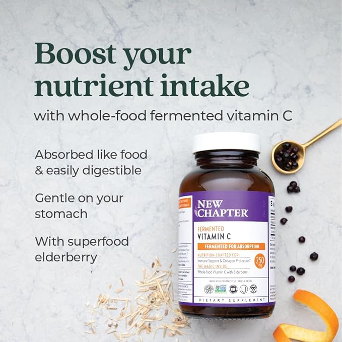New Chapter Fermented Vitamin C + Elderberry, ONE Daily for Immune Support & Collagen Protection, Made with Organic Herbs, Certified Vegan, Gluten Free, 60 Count