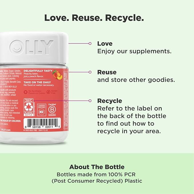 OLLY Probiotic + Prebiotic Gummy, Digestive Support and Gut Health, 500 Million CFUs, Fiber, Adult Chewable Supplement for Men and Women, Peach, 60 Day Supply - 60 Count