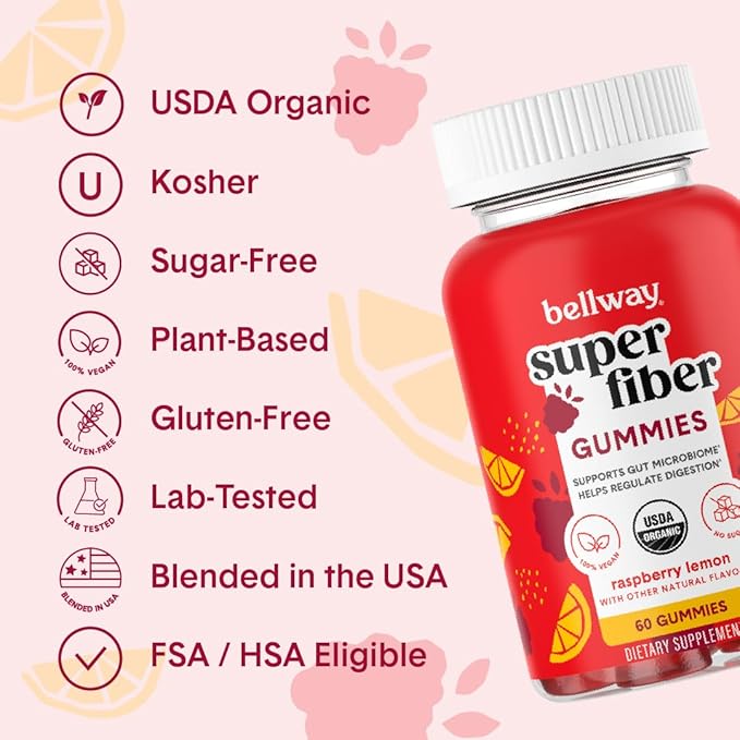 Bellway Super Fiber Gummies for Adults (2 Pack) - Sugar Free Organic Fiber Supplement Gummies with 4g of Fiber per Serving - Prebiotic Chicory Root Fiber for Gut Health, Raspberry Lemon, 120 Count