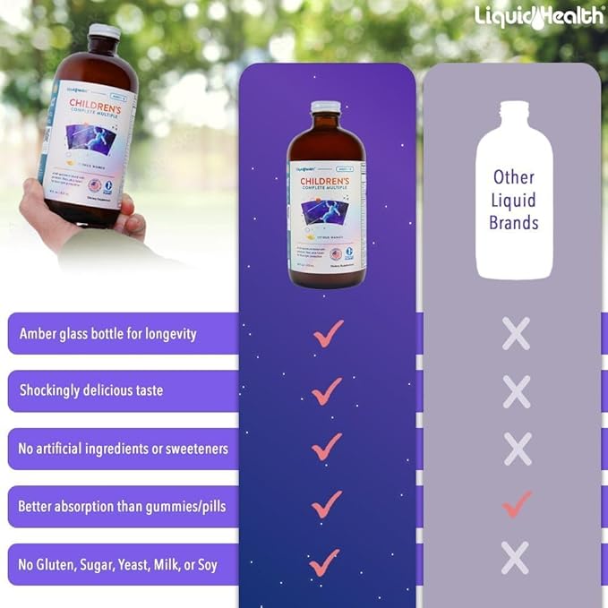 LIQUIDHEALTH 16 Oz Kids Liquid Multivitamin Complete Multiple for Children, Toddlers - Essential Vitamins & Minerals Supplement, Immune Support, Gluten Free, Non GMO, Prebiotic Fiber