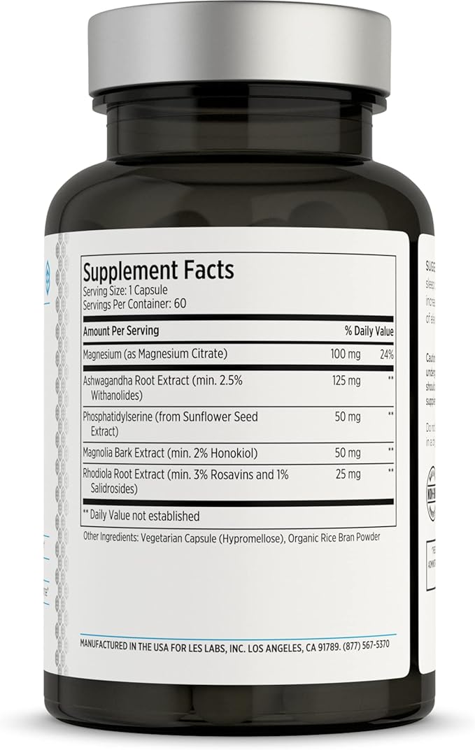 LES Labs Cortisol Health – Stress Relief, Balanced Cortisol Response, Relaxation & Deep Sleep – Phosphatidylserine, Magnesium, Magnolia Bark, Rhodiola Rosea & Ashwagandha – Non-GMO – 60 Capsules