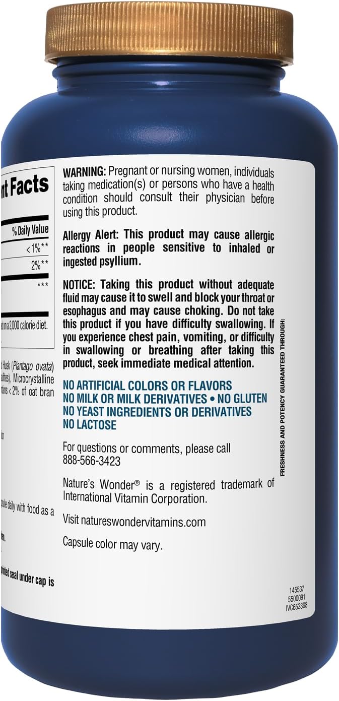 Nature's Wonder Psyllium Husk 500 mg Capsules for Digestive Health, Plant-Based Fiber, 200 Count