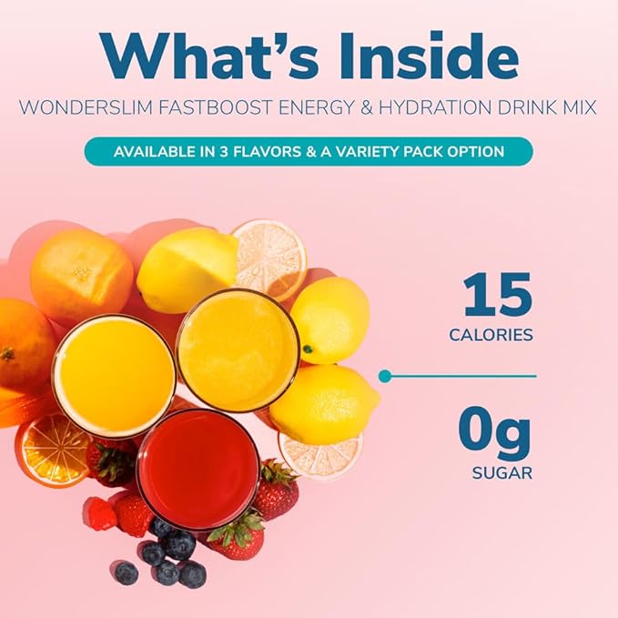 WonderSlim FAST BOOST Energy & Hydration Drink Mix, Berry, with Electrolytes, Vitamins B, C & E, Antioxidants, No Sugar (14ct)