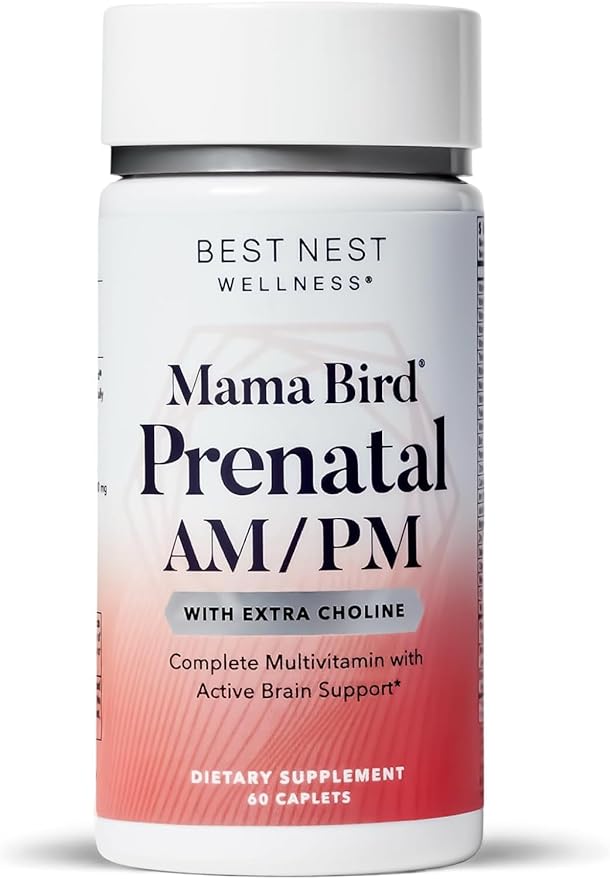 Best Nest Wellness Mama Bird AM/PM Prenatal Multi Plus - Methylated Prenatal Multivitamin Supports Healthy Brain Development - Nutritional Support Supplement for Pregnancy with Choline - 60 Caplets