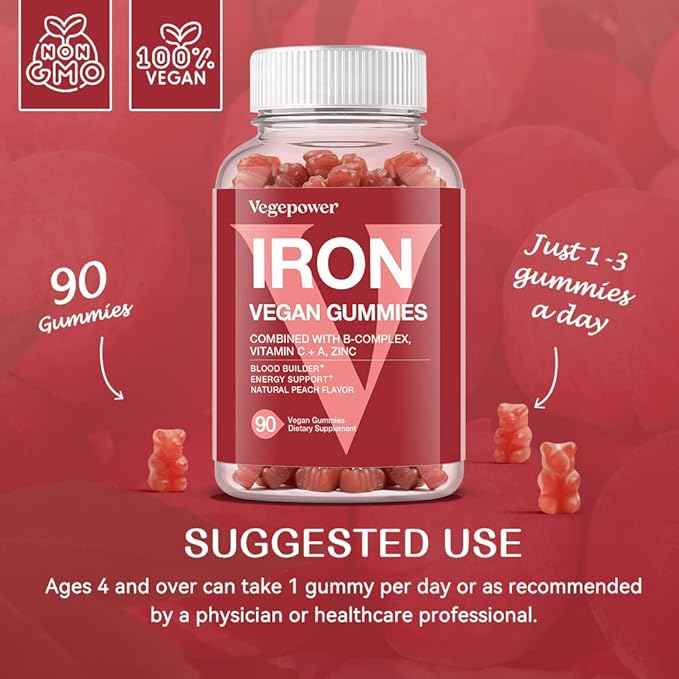Iron Gummies Supplements for Women & Kids - Multivitamin with Iron for Blood Oxygen, Great Tasting Iron Gummy Vitamins with Vitamin C for Max Absorption - Vegan Iron Chewable, Peach Flavor(3 Packs)