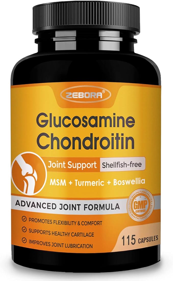 ZEBORA Glucosamine Chondroitin with Turmeric & MSM Joint Support Supplement, Glucosamine Sulfate with Boswellia for Joint Health & Relief, 115 Capsules