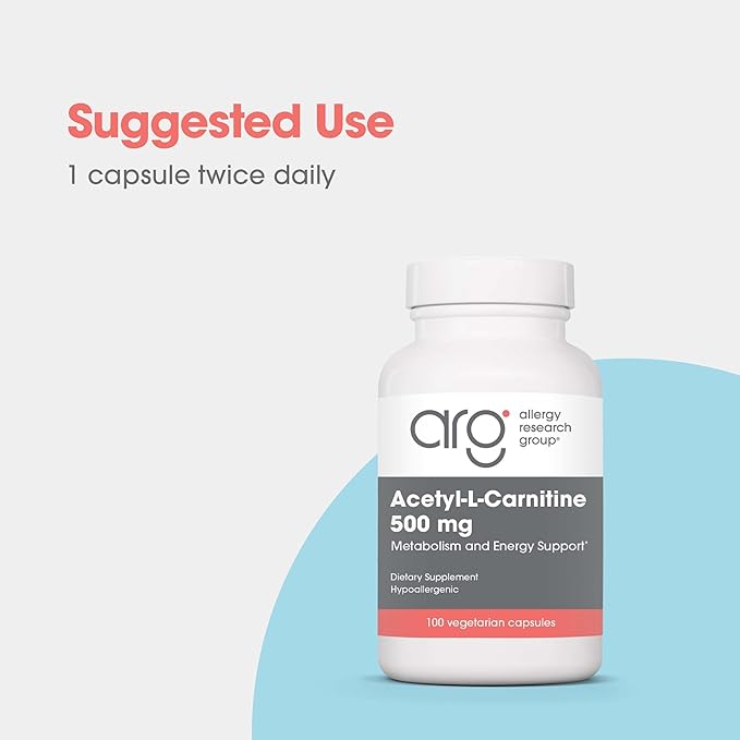 Allergy Research Group Acetyl-L-Carnitine 500mg Supplement - Metabolism and Energy Support, ALC, Free Form Amino Acid, Vegetarian Capsules - 100 Count