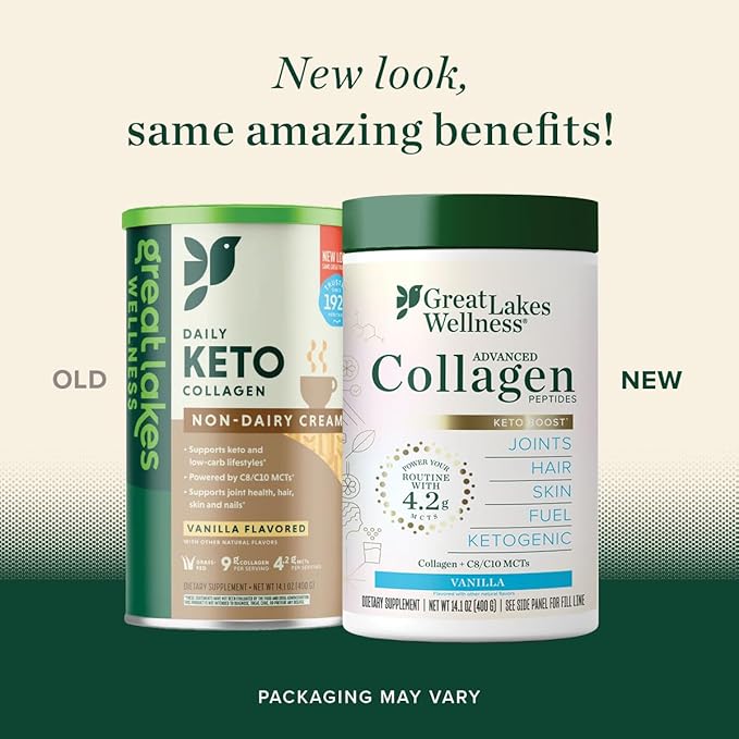 Great Lakes Wellness Keto Boost Advanced Collagen Peptides with 4.2g MCTs - Vanilla - Nutritiously-Rich Non-Dairy Coffee Creamer or Smoothie Alt - Non-GMO, Kosher - 14.1 oz - Packaging May Vary