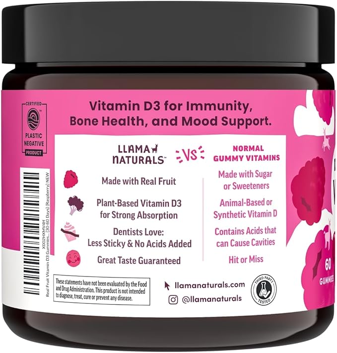 Llama Naturals Real Fruit Vitamin D3 Gummies Kids & Adults; No Added Sugar Cane, Organic Vitamin D, Vegan, 200% DV Each; (120 CT, 60-120 Days, Raspberry)