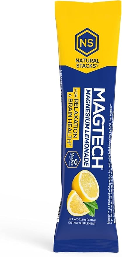 MagTech Magnesium Lemonade Drink Mix - Chelated Magnesium Complex - 3 Forms of Magnesium: Magtein Magnesium L-Threonate, Glycinate & Taurate - Supports Relaxation & Brain Health*, 20 Stick Packs