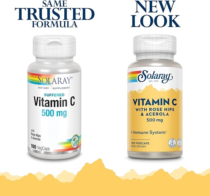 SOLARAY C w/Rose HIPS & Acerola Two-Stage, Timed-Release, Veg Cap (Btl-Plastic) 500mg | 100 Count | Pack of 2