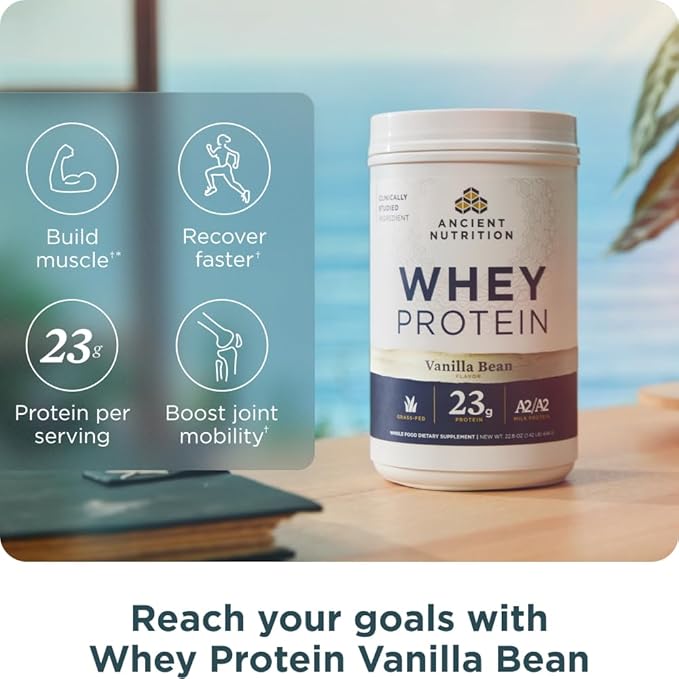 Ancient Nutrition Grass Fed Whey Protein, Vanilla Bean, 23g Protein, 20 Servings, Hydrolyzed Collagen Peptides, Organic Regenerative A2/A2 Milk Protein