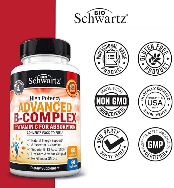 Vitamin B Complex with Vitamin C for Maximum Absorption - Methylcobalamin b12 & Folate Folic Acid Supplement - Vitamins B1 B2 B3 B5 B6 B7 B9 for Immune Energy & Nervous System Support - Non-GMO -60ct