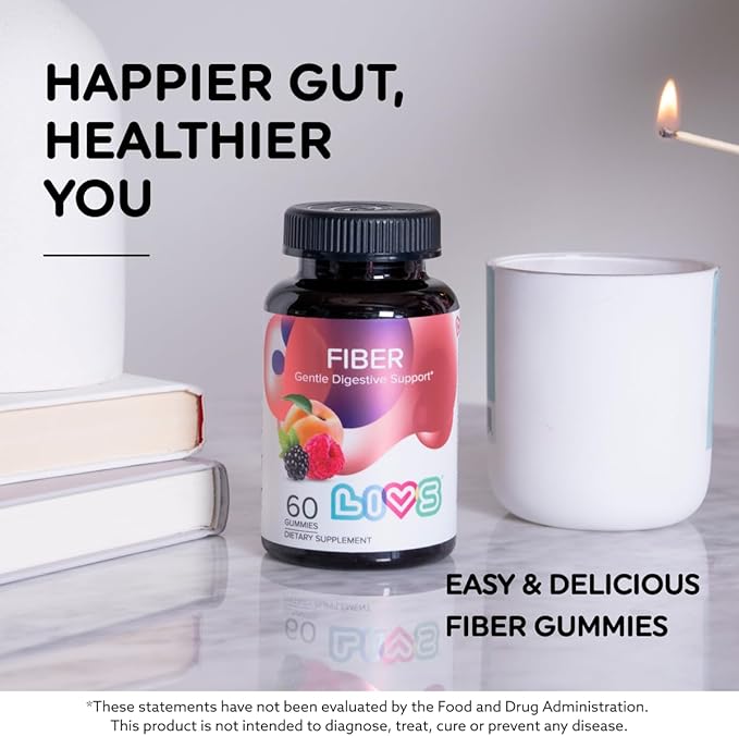 LIVS Fiber Gummy Vitamin - Fiber Gummies, for Adults, Gut Health, Digestive Support, Supplements, All-Natural, Gluten-Free, Non-GMO - Raspberry, Peach & BlackBerry Flavored, 60 Count