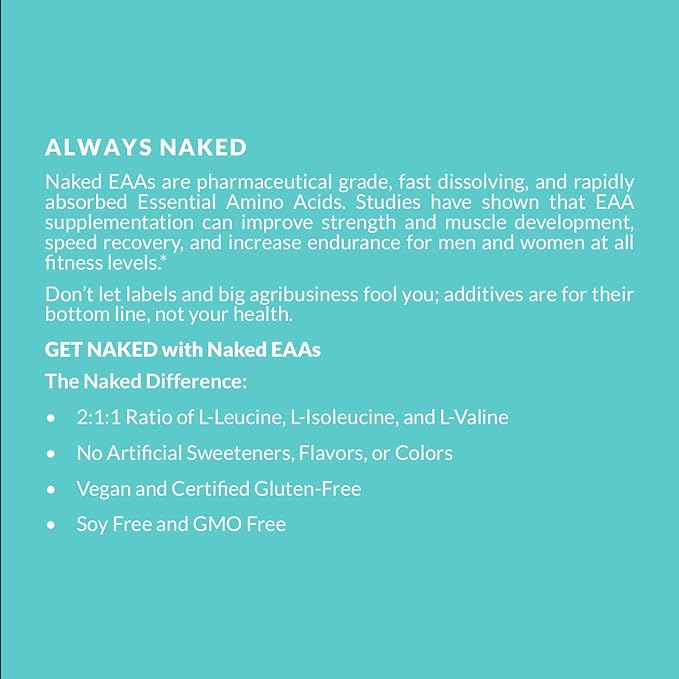 Naked Eaas Amino Acids Powder - 50 Servings - Vegan Unflavored Essential Amino Acids 500 Grams - Instantized All Natural Eaa Powder Supplement