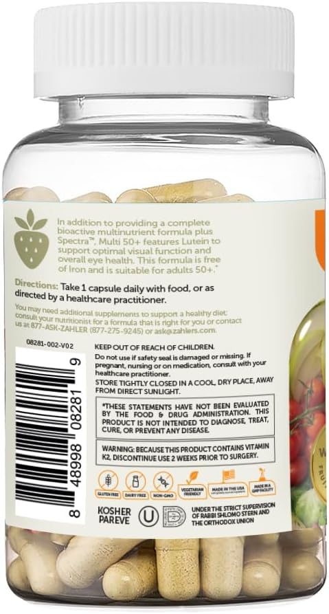 Zahler Multivitamin 50+, Iron-Free Formula + Lutein for Eye Health, 60 Capsules.