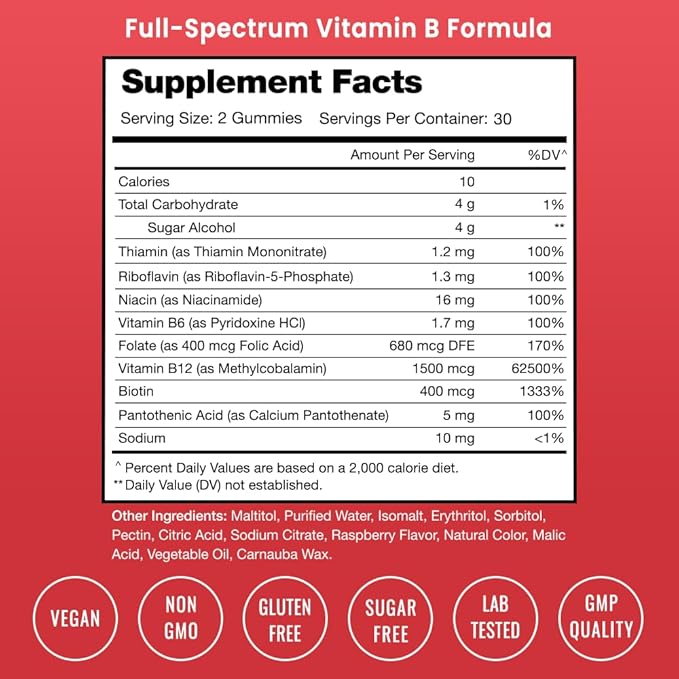 Vitamin B Complex Gummies | Vitamin B Gummies for Women, Men & Kids | Boosts Energy & Metabolism | B Complex Vitamins B1, B2 (Riboflavin), B3 (Niacin), B5, B6, B7 (Biotin), B9 (Folic Acid), Methyl B12