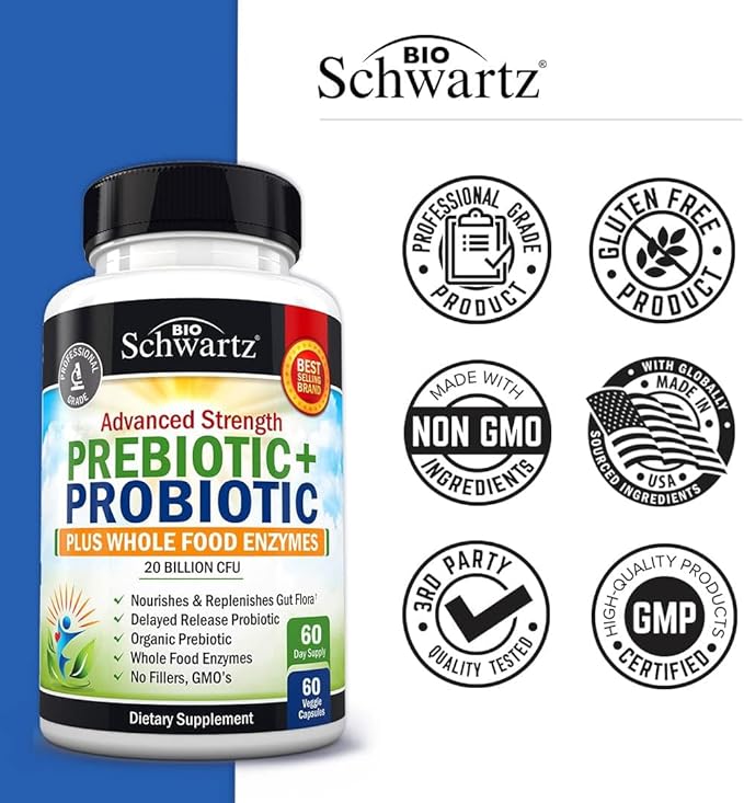 Prebiotics and Probiotic with Whole Food Enzymes for Adults Women & Men - Probiotics Lactobacillus Acidophilus - Digestive Health Capsules Shelf Stable Supplement - Non-GMO Gluten & Dairy Free -60ct