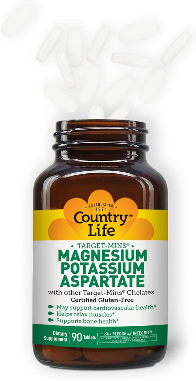 Country Life Target-Mins Magnesium Potassium Aspartate, 600mg/198mg, 90 Tablets, Certified Gluten Free, Certified Vegan