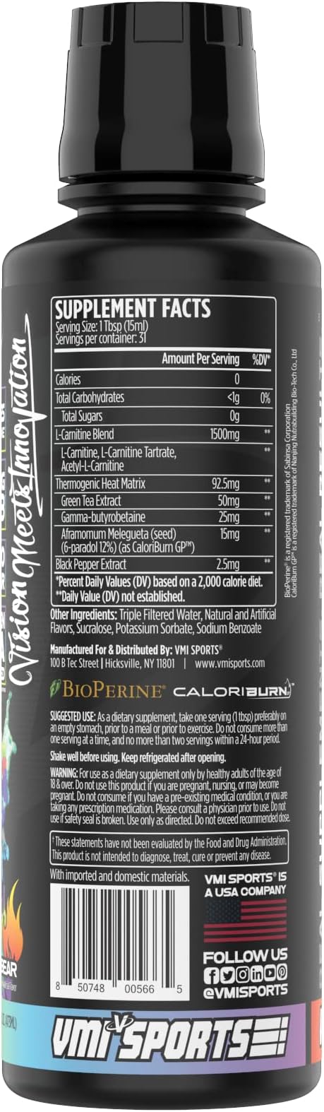 VMI Sports L-Carnitine 1500 Heat Stimulant Free Thermogenic Metabolic Support & Fat Loss for Men & Women | 1500mg L-Carnitine | Convenient Liquid (Gummy Bear)