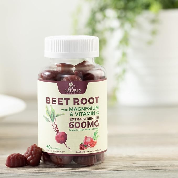 Beet Root Supplement Gummies with Vitamic C & Magnesium - Energy Heart Health Support, Supports Nitric Oxide Production - Gluten Free, Non-GMO Beets Root Gummy - Pomegranate Berry Flavor - 60 Gummies