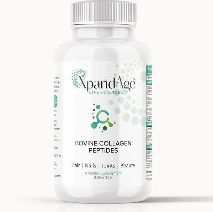 XpandAge's Bovine Collagen Peptides contain Biotin, Niacin, Vitamin C, Vitamin D, Thiamin, Paba, Hyaluronic acid, Turmeric, Bioperine, and more for healthy Hair, Nails, Beauty, Joint, and Bone health.