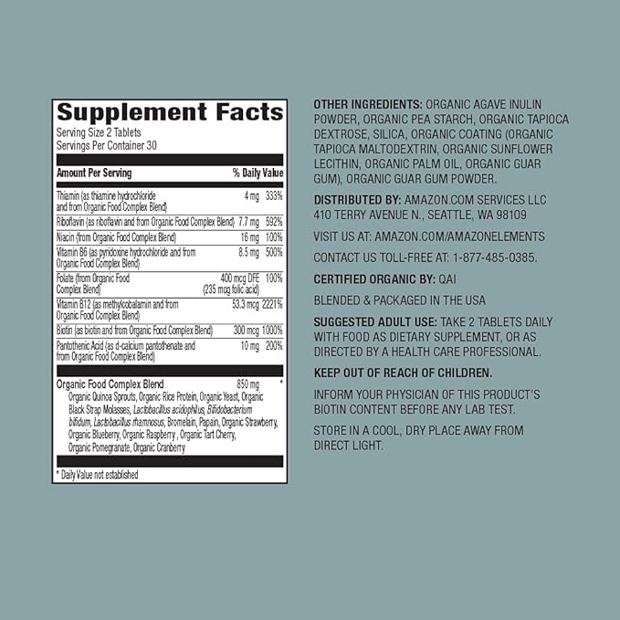 Amazon Elements Organic Whole Food B Complex, 60 tablets