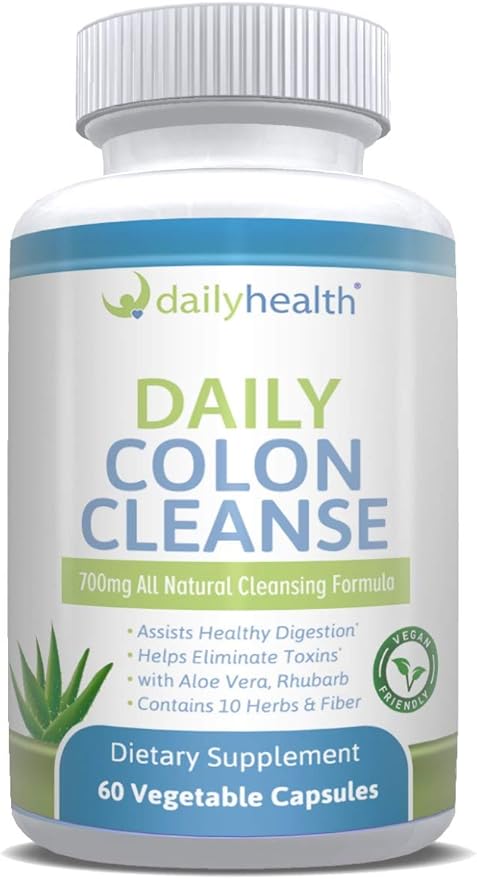 Daily Colon Cleanse 700mg All Natural Formula 10 Herbs, Fiber, Alfalfa, Aloe Vera, Rhubarb, Gentian, Buckthorn, Goldenseal, Lactobacillus acidophilus 60 Vegetable Capsules (Two 15 Day Cleansing Kits)