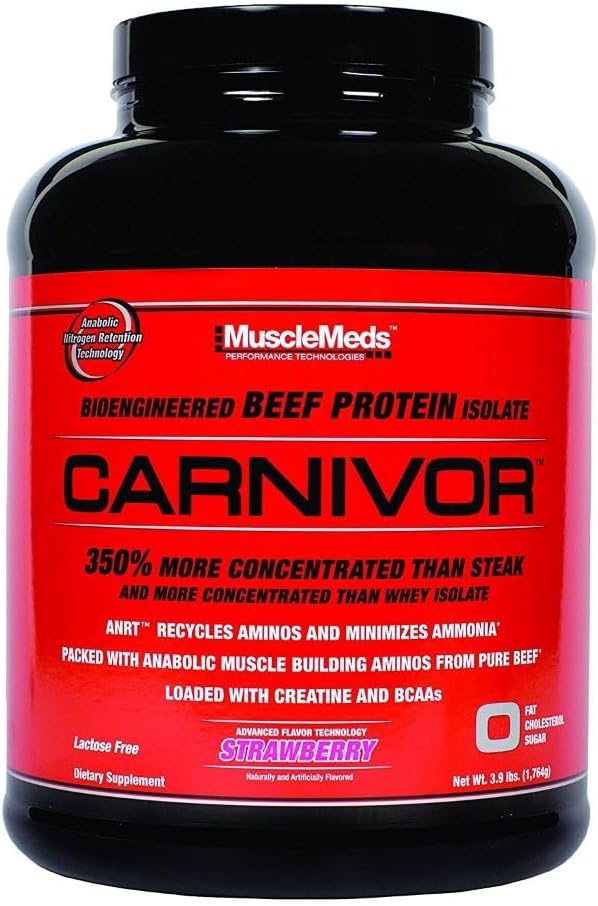 MuscleMeds Carnivor Beef Protein Isolate, 0 Lactose, 0 Sugar, 0 Fat, Halal Certified, Strawberry, 3.9lb, 56 Servings, 3.9lb