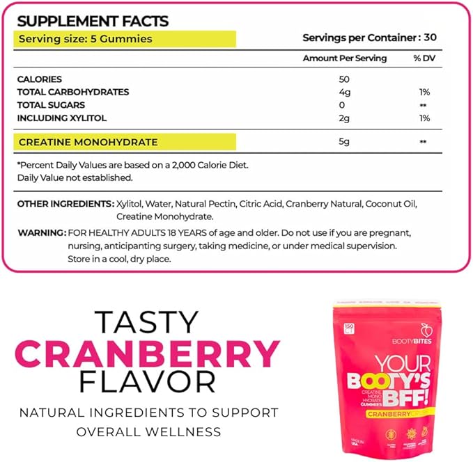 Creatine Gummies for Women, 5g - Creatine Monohydrate for Women - Workout Recovery, Muscle Toner, Boost Energy - Booty Gummies - Gluten Free, Vegan Creatine Chews Gummy, Cranberry Flavor (150)