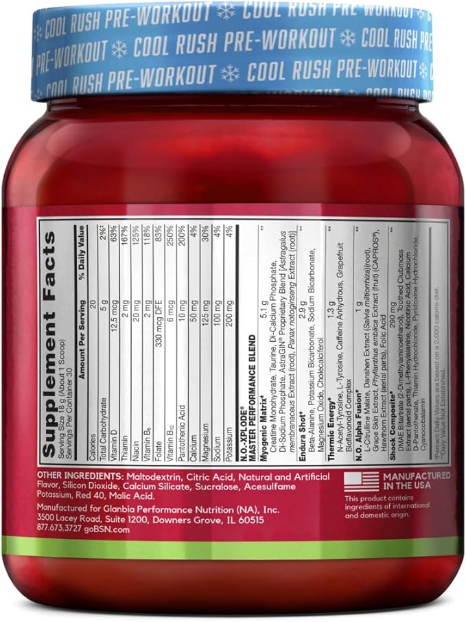 BSN N.O.-XPLODE Cool Rush Pre Workout Powder, Preworkout Energy Supplement for Men and Women with Creatine and Beta-Alanine, New Flavor: Cherry Lime Ice, 30 Servings