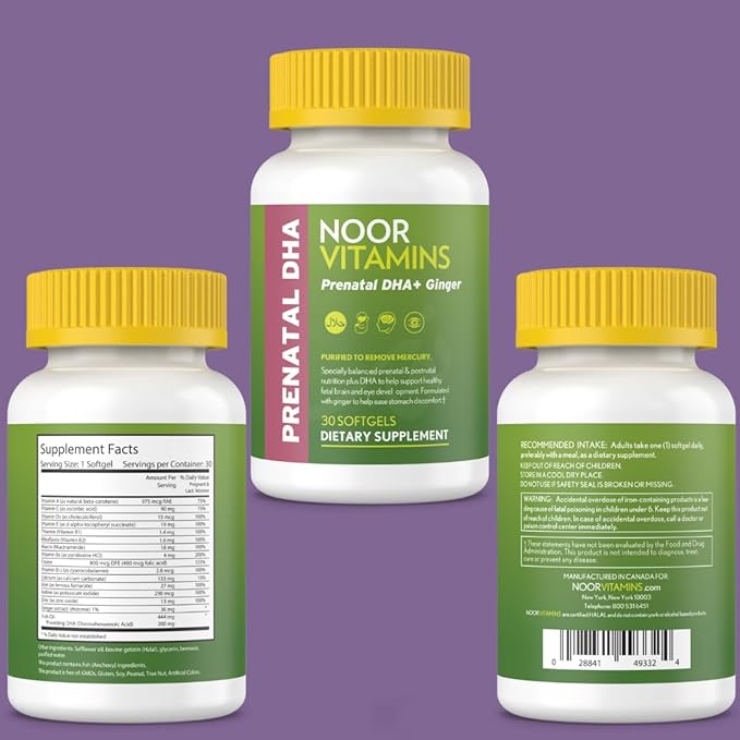 Noor Vitamins Halal Prenatal Vitamins with DHA and Folic Acid, Essential Vitamins, Ginger to Soothe Mom's Stomach, Iron, Softgels, Prenatal Vitamin Before/During/Post Pregnancy (1 Month Supply)